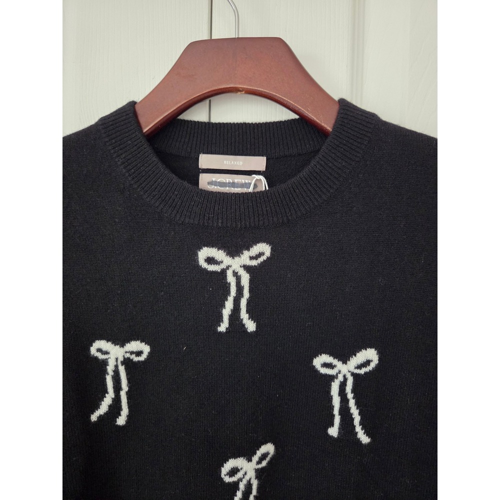 J. Crew Perfect Cashmere Crewneck Sweater Bow Print XXS Black White NWT $188 - Picture 2 of 8